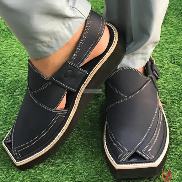 Men’s Classic Black Leather Sandals | Custom Handmade Leather Peshawari Sandals - Picture 1 of 9
